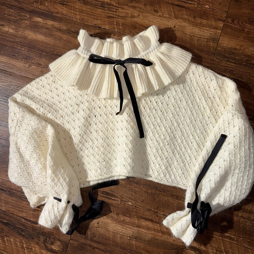 Zara Alpaca Blend Ruffle Neck Bow Cuffs Cropped Sweater Coquette Medium